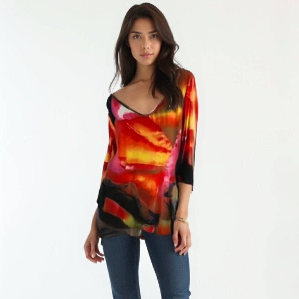 ❤️ Clara Sun Woo Abstract Grid Angle Flow Tunic Silky Knit Red Water Color XL